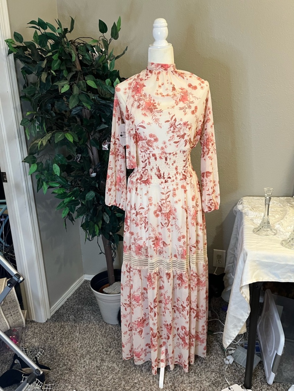 Smocked Waist Floral Maxi Dress in Pink and Cream